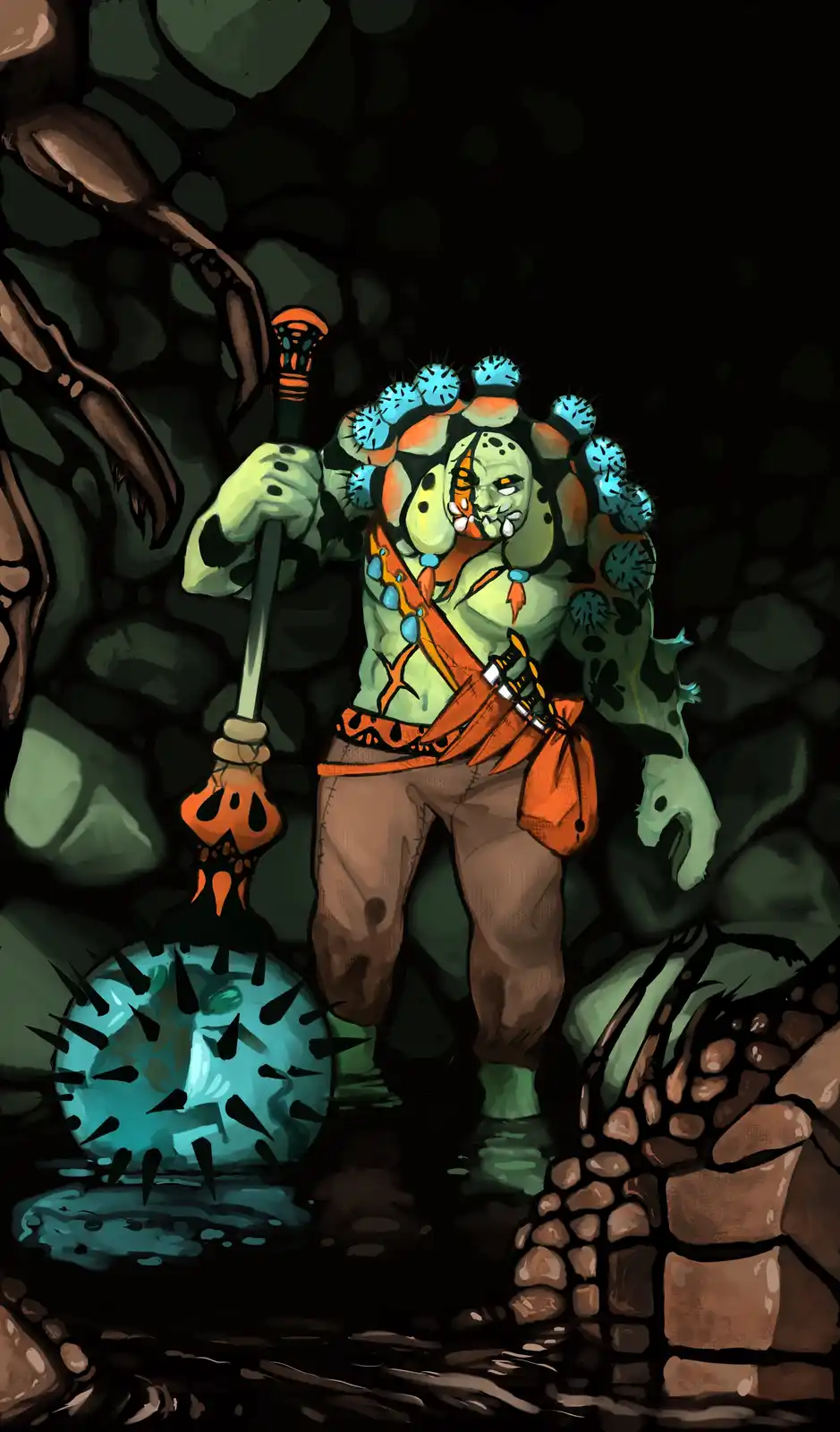 A green-skinned, muscular humanoid with spiky blue growths on its head and body stands in a dark, rocky cave holding a…