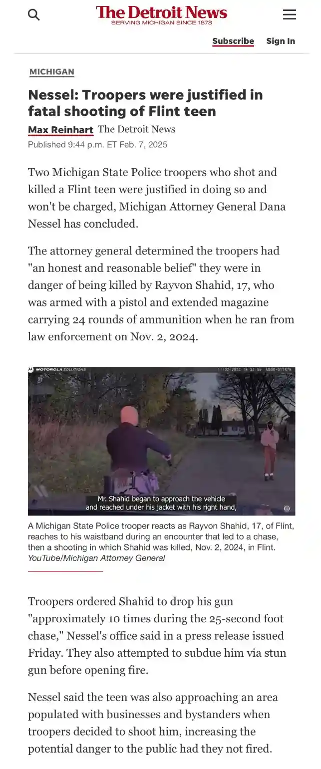 A screenshot of a Detroit News article about a fatal police shooting in Flint, Michigan, featuring a video still of a police…