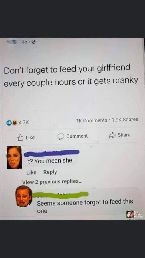 A screenshot of a social media post with the text 'Don't forget to feed your girlfriend every couple hours or it gets…