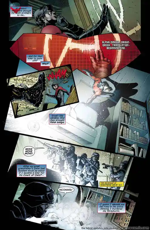 A comic book page featuring Nightwing in a chaotic scene with soldiers and flashbangs, overlaid with text explaining the…
