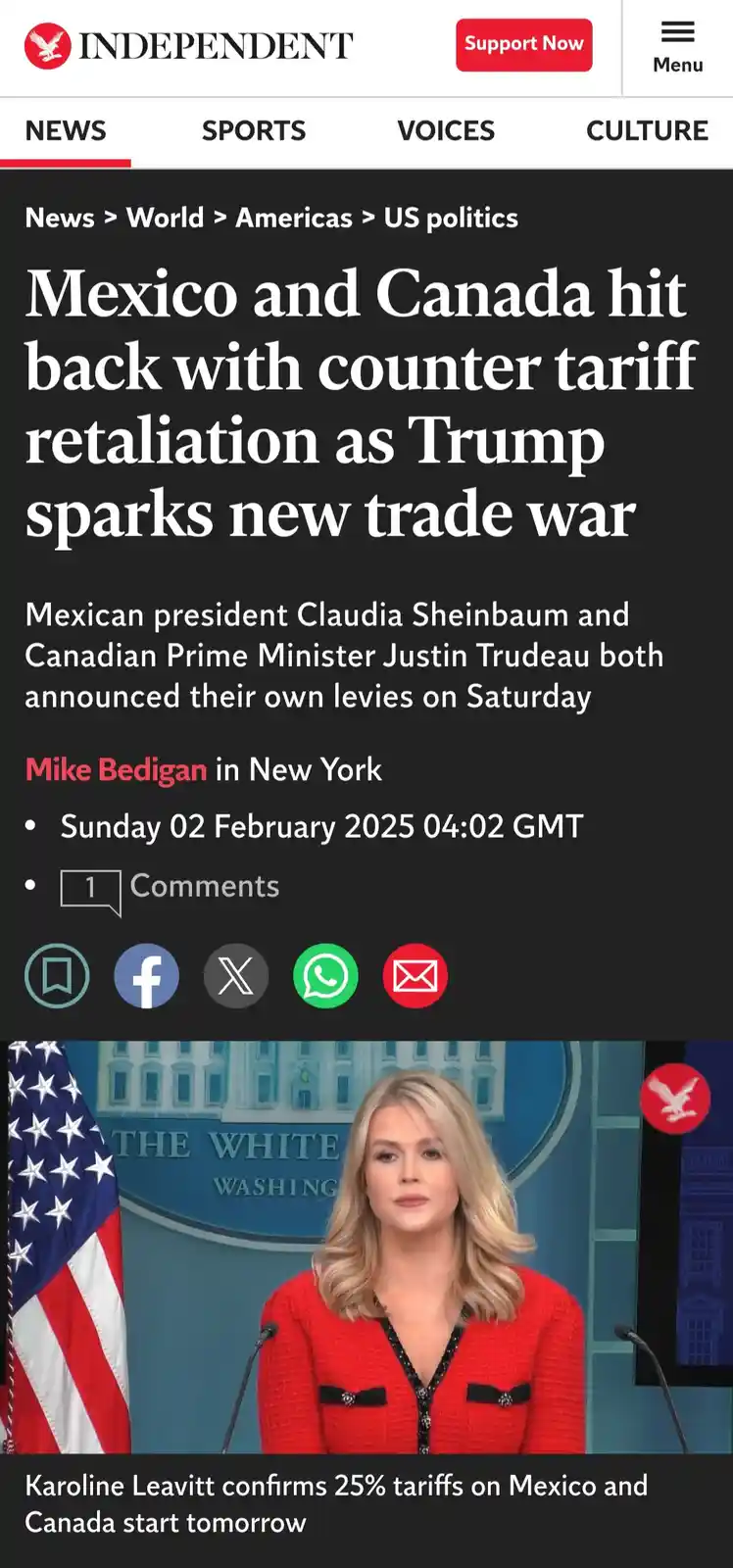 A screenshot of a news article from The Independent shows a woman in a red jacket standing at a podium with an American flag…