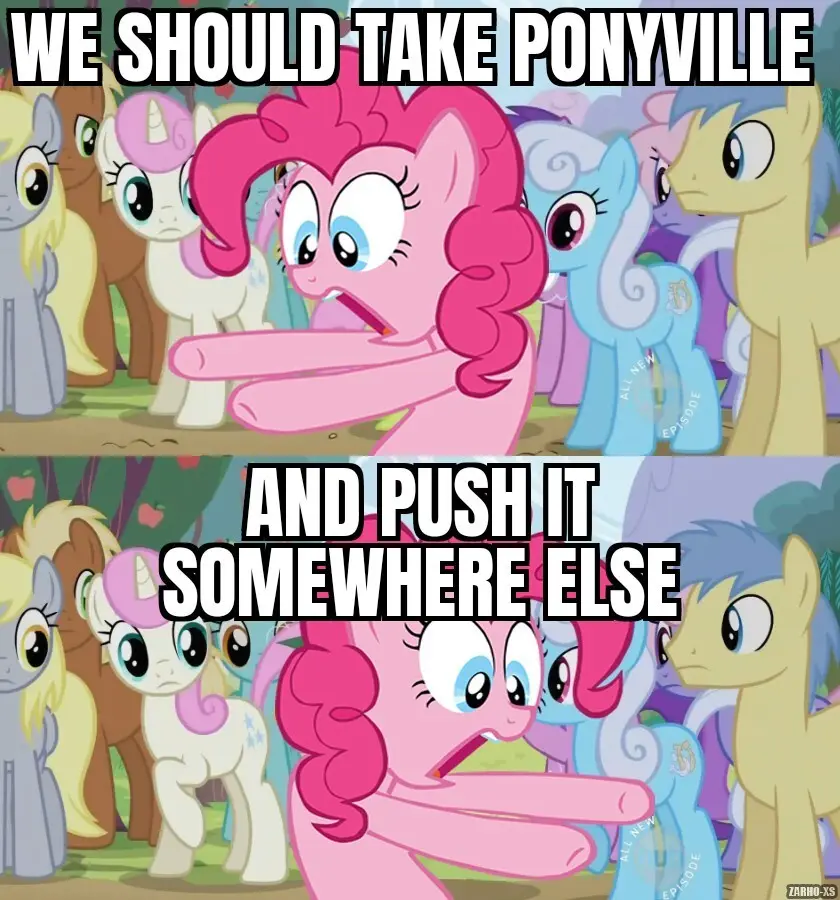 The image is a two-panel meme featuring the pink pony Pinkie Pie from My Little Pony, who is shown with an exaggerated…