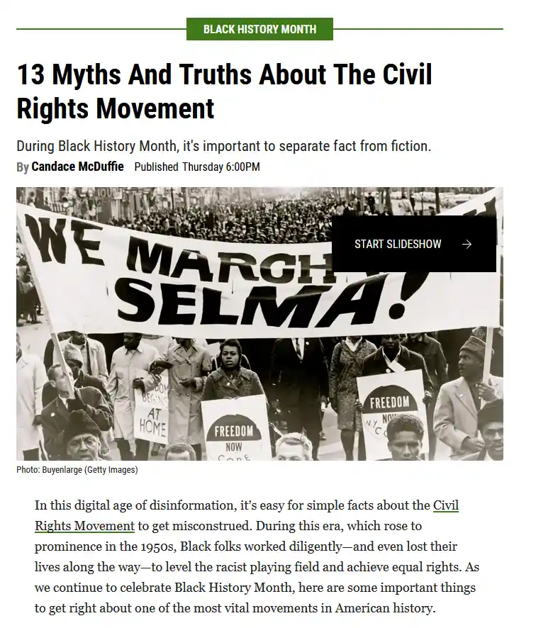 A black-and-white photo of a civil rights march with a large banner reading 'WE MARCH SELMA!' and smaller signs like…