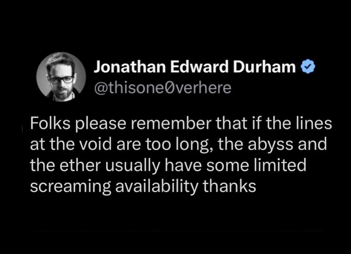 A screenshot of a tweet by Jonathan Edward Durham (@thisone0verhere) with a black-and-white profile picture. The tweet…