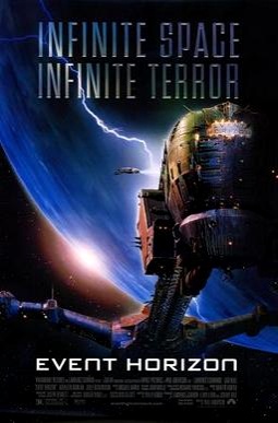 A movie poster for 'Event Horizon' shows a damaged spaceship in space near a planet, with lightning striking nearby. The…