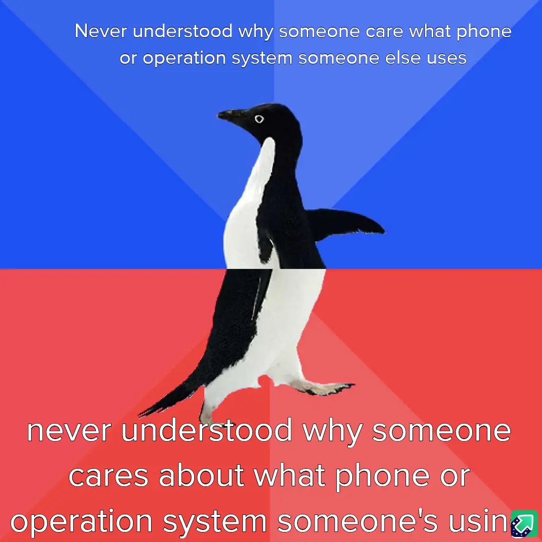 A penguin stands centered against a split background of blue and red, with identical text overlaid in both sections. The…