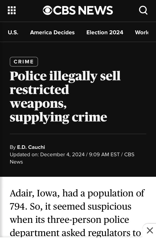 A screenshot of a CBS News article with a black background and white text. The headline reads 'Police illegally sell…