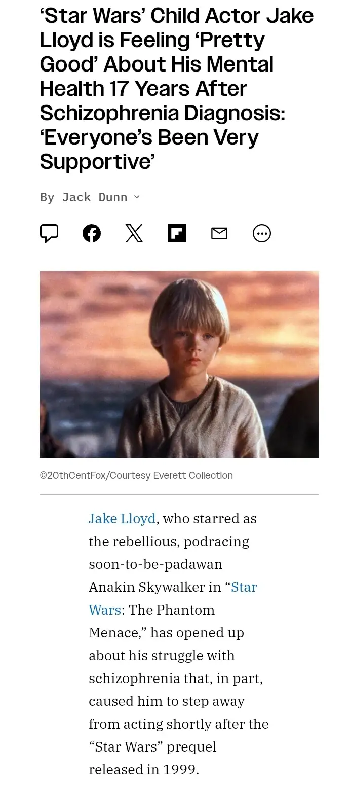 A screenshot of a news article about Jake Lloyd, showing a photo of the young actor as Anakin Skywalker from 'Star Wars: The…