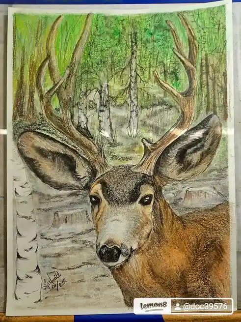 A colored pencil drawing of a majestic buck with large antlers staring directly at the viewer, set against a forest…