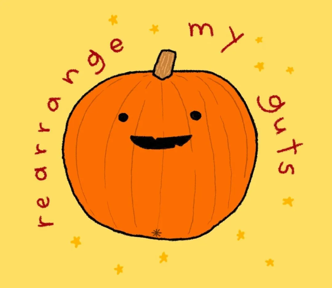 A cartoon-style orange pumpkin with a smiling face and a stem, set against a yellow background with small stars. The text…