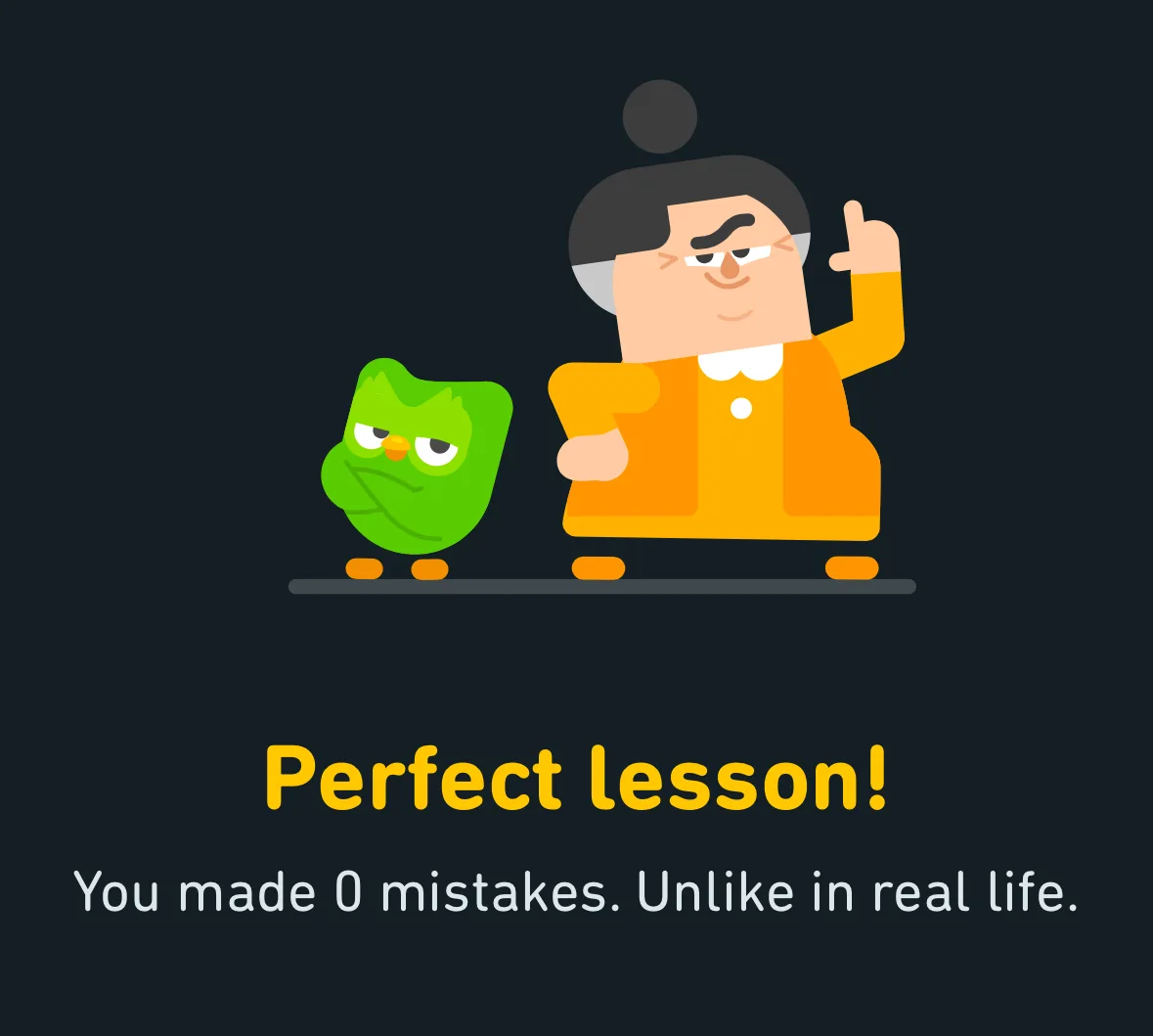 A cartoon teacher in an orange outfit points upward while standing next to a grumpy green owl-like character. Below them…