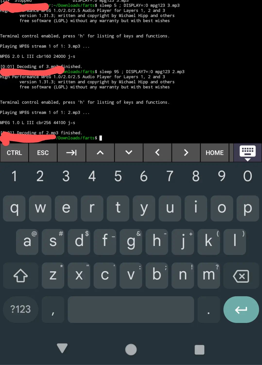 A terminal window shows commands playing mp3 files named '3.mp3' and '2.mp3' with mpg123, followed by a keyboard overlay…