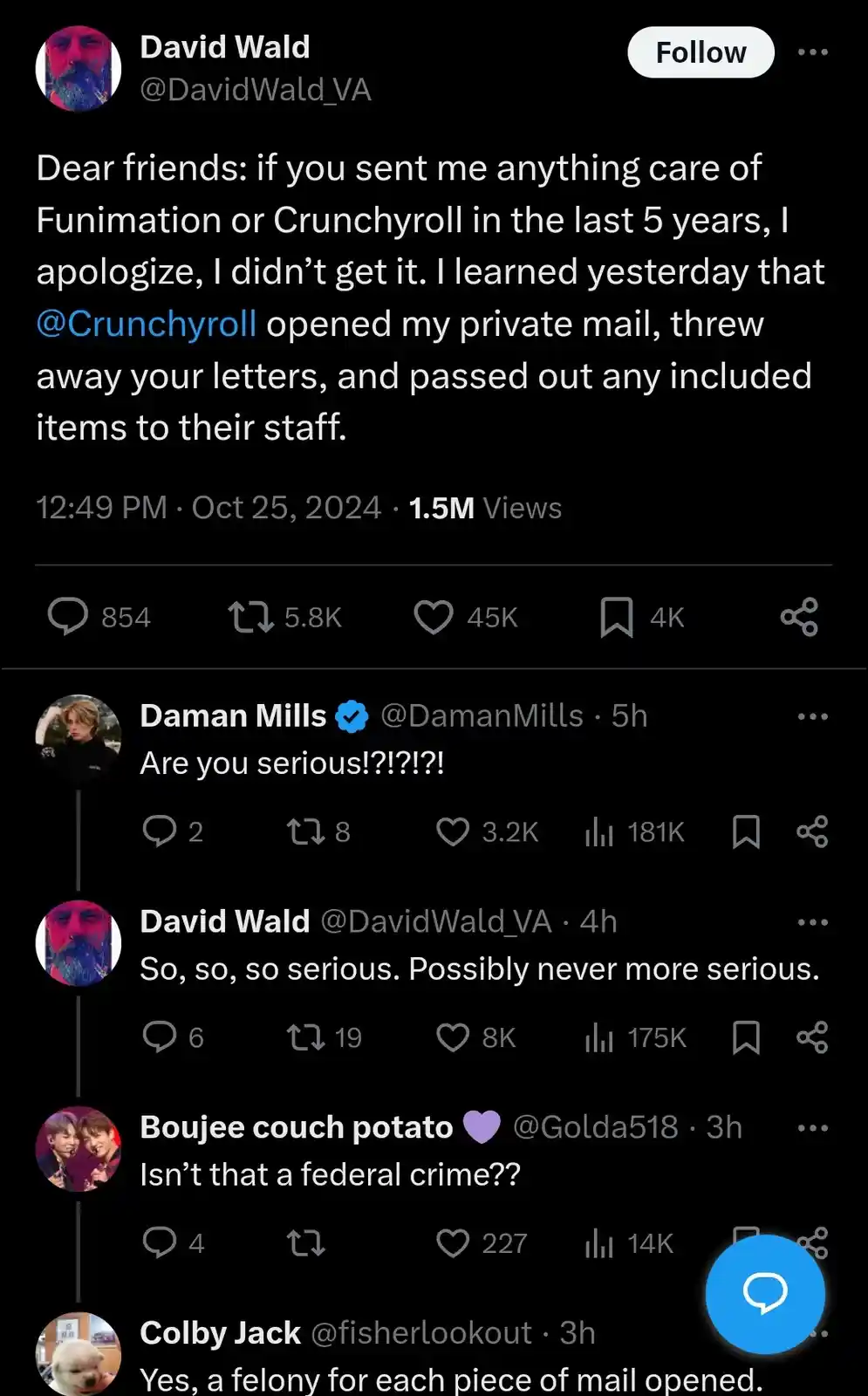 A screenshot of a Twitter thread where voice actor David Wald announces that Crunchyroll opened his mail and discarded fan…