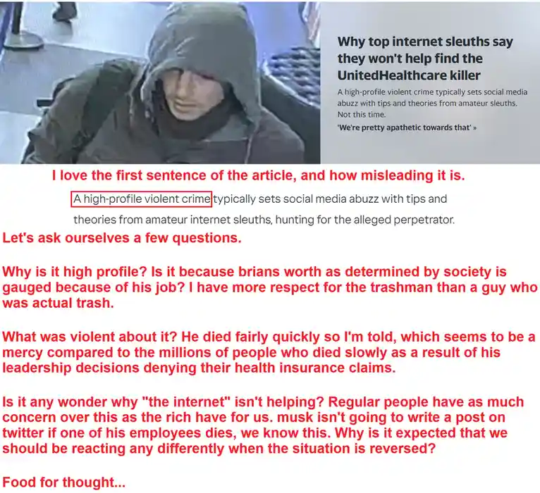 The image displays a grainy security camera photo of a hooded person on the left, juxtaposed with a screenshot of an article…