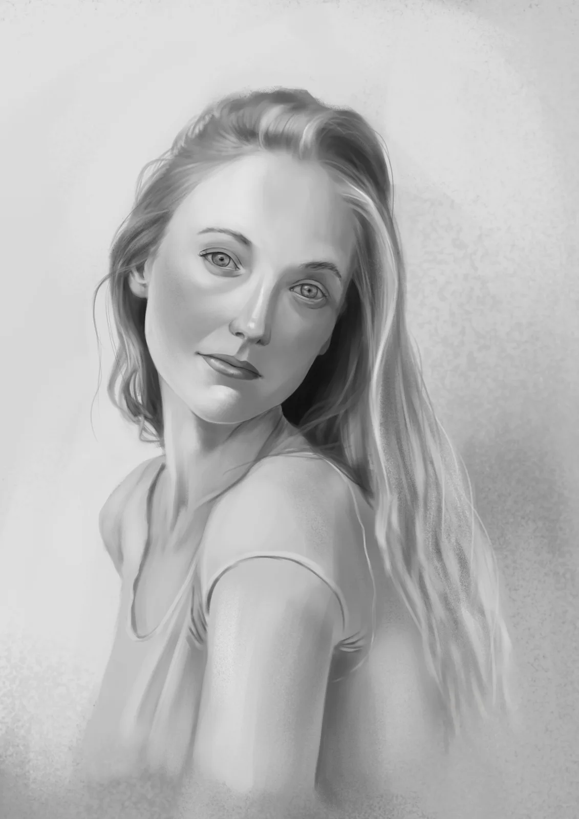 A grayscale digital portrait of a woman with long hair and a subtle smile, looking over her shoulder. The overlaid text…