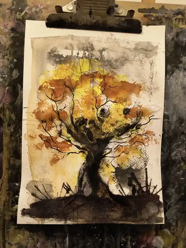 A watercolor painting of a stylized tree with a dark trunk and branches, and a canopy of yellow and orange leaves, is…