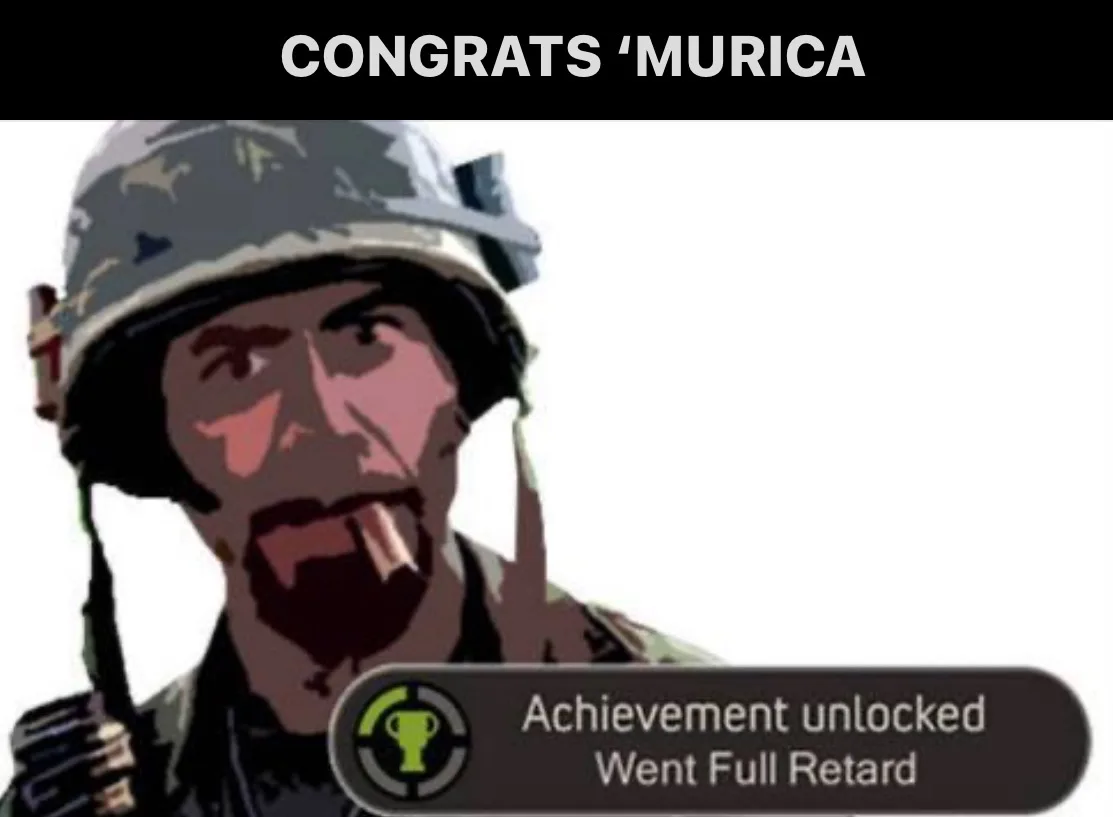 A stylized image of a soldier in a helmet with a cigarette in his mouth, holding a rifle, with a game-style achievement…