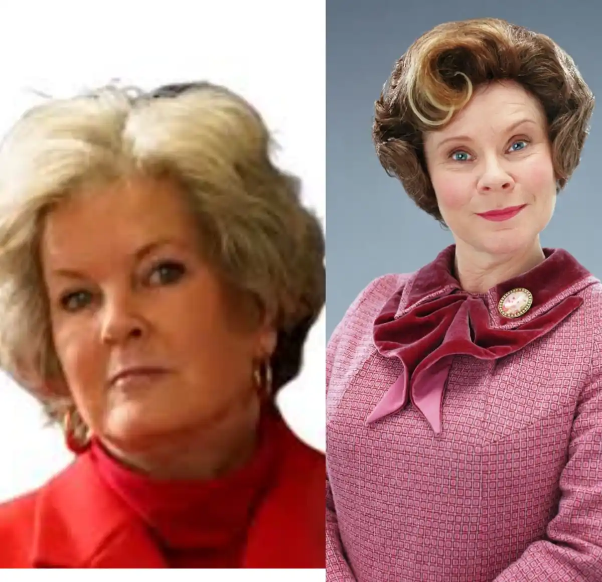 The image shows a split-screen comparison of actress Emma Thompson. On the left, she appears with a stern, unamused…