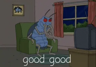 Six identical panels show a blue cartoon cricket wearing red sunglasses, sitting in a green armchair in a dimly lit room…