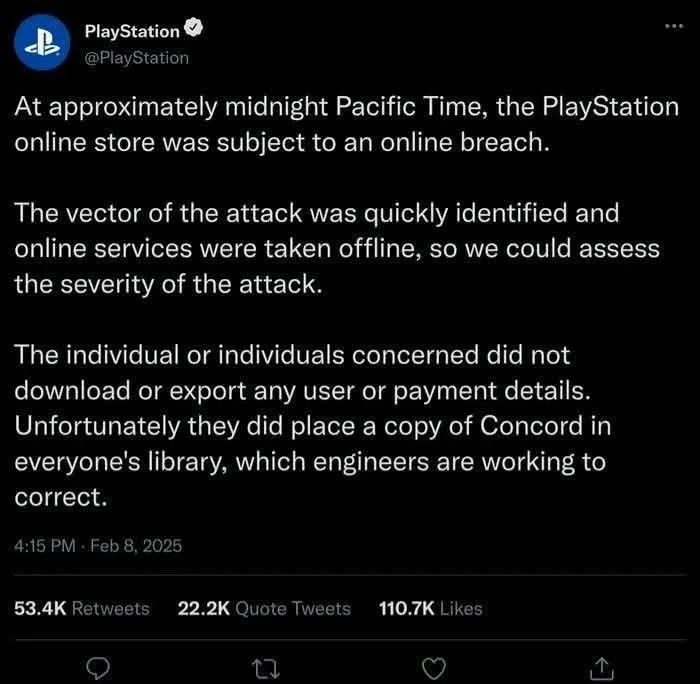 A screenshot of a PlayStation official Twitter post announcing a security breach. The post states that while user data…