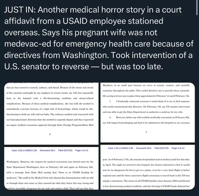 The image displays a dark background with white text mimicking a breaking news headline, followed by three pages of a court…