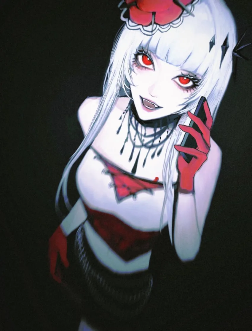 An anime-style illustration of a pale woman with white hair, red eyes, and red gloves holding a phone to her ear. She wears…