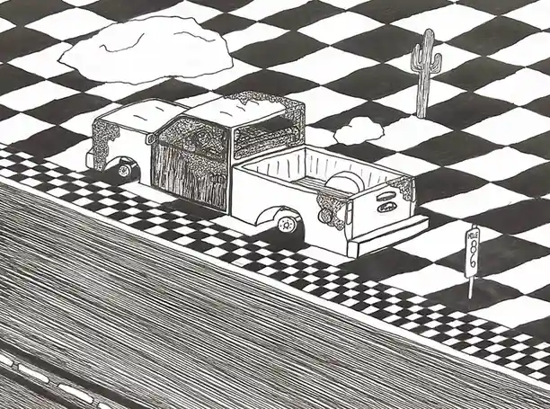 A black-and-white drawing shows a vintage pickup truck driving on a road with a checkered pattern, resembling a chessboard…