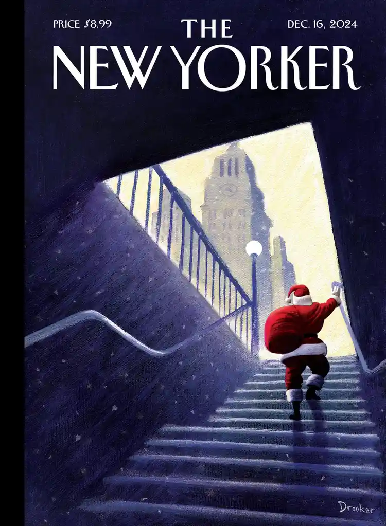 The image is a stylized illustration of a magazine cover for 'The New Yorker' dated Dec. 16, 2024, priced at $8.99. It…
