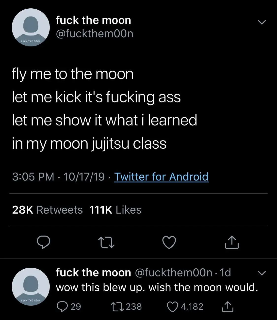 A screenshot of a Twitter post by user 'fuck the moon' showing a tweet that reads 'fly me to the moon, let me kick it's…