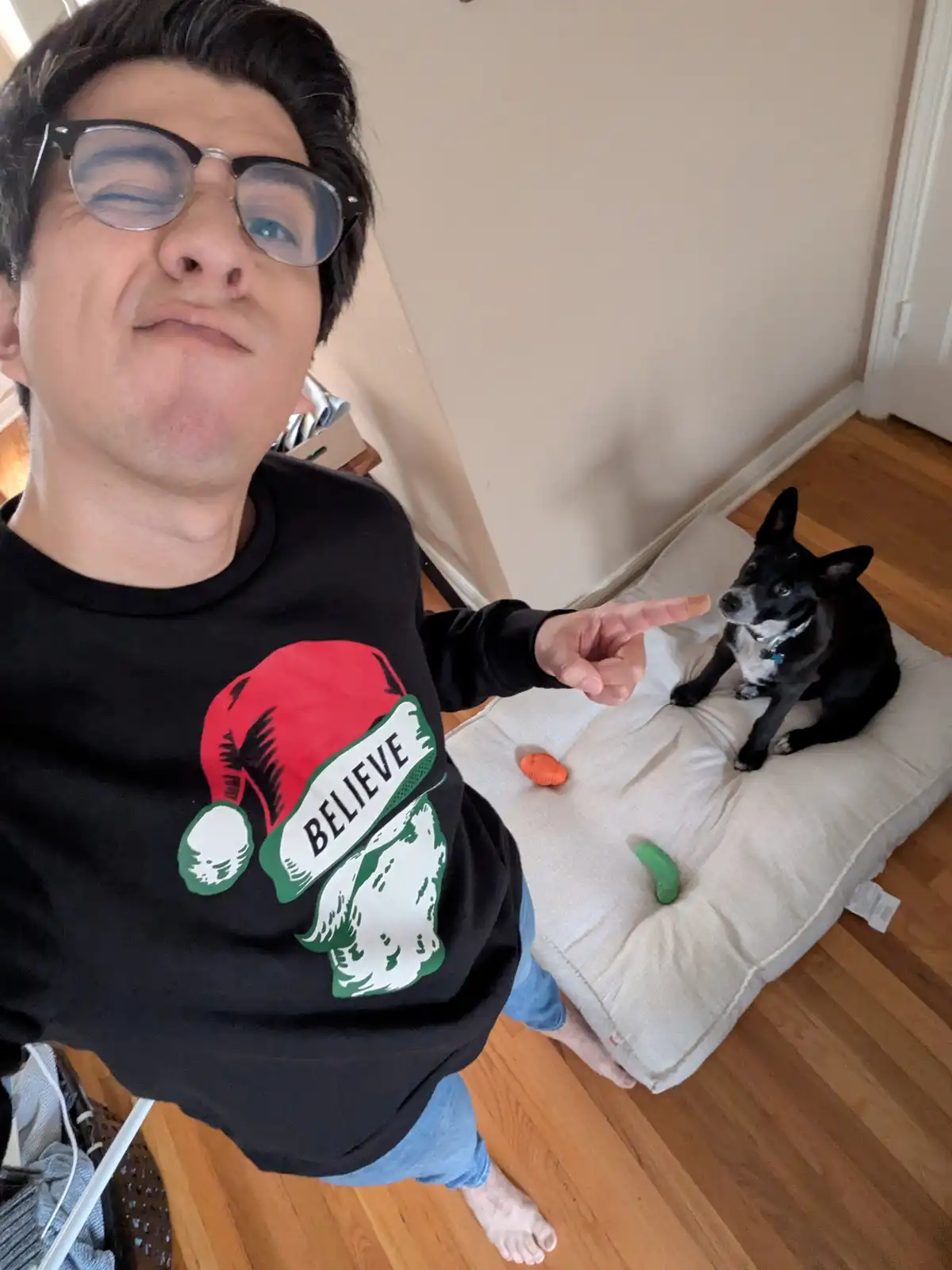 A person wearing a black sweatshirt with a graphic of a Santa hat and the word 'BELIEVE' points at a black and white dog…