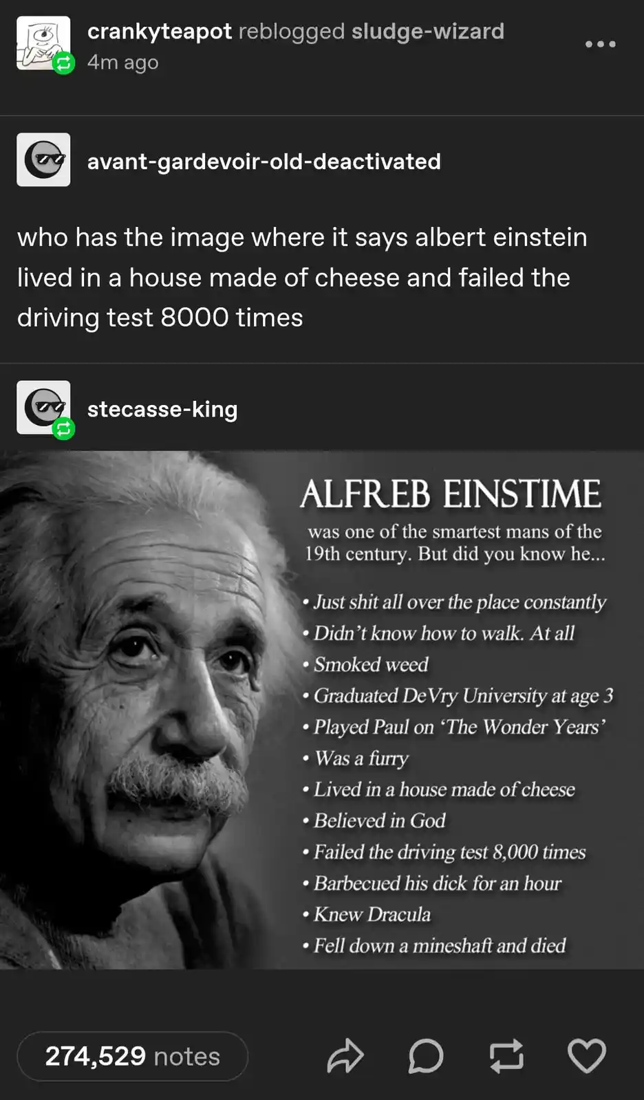 A black-and-white photo of Albert Einstein is overlaid with text that humorously misattributes absurd, fictional facts to…