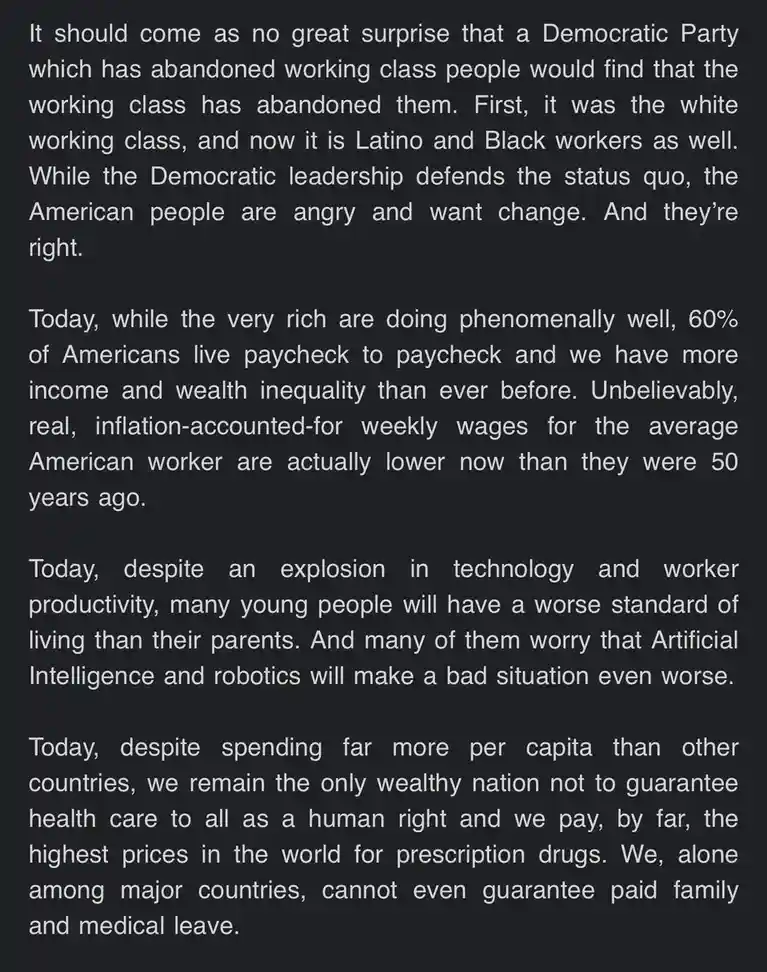 The image displays a block of white text on a dark background, presenting a political argument about the Democratic Party's…