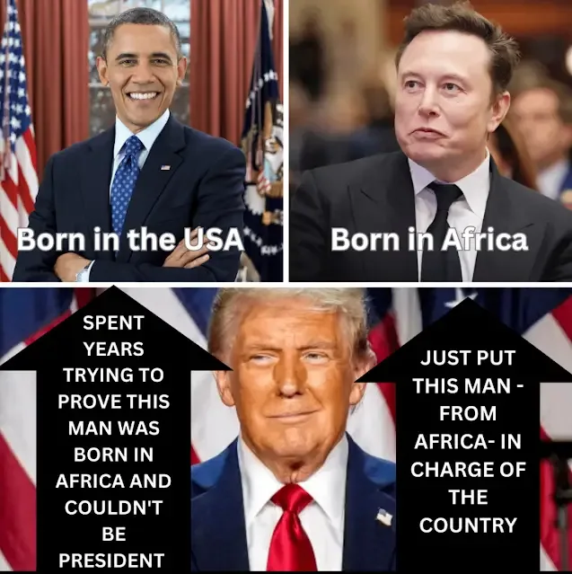 The image is a four-panel meme featuring Barack Obama, Elon Musk, and Donald Trump. The top left shows Obama with text 'Born…