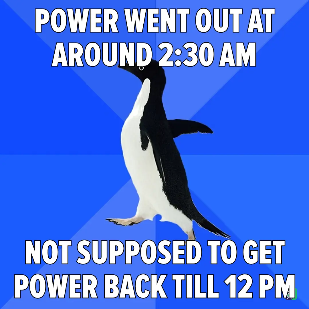 A black-and-white penguin stands upright against a blue background with diagonal light rays. The text at the top reads…