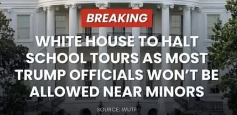 The image shows the White House with a red 'BREAKING' banner at the top. Large white text overlays the image, stating 'WHITE…