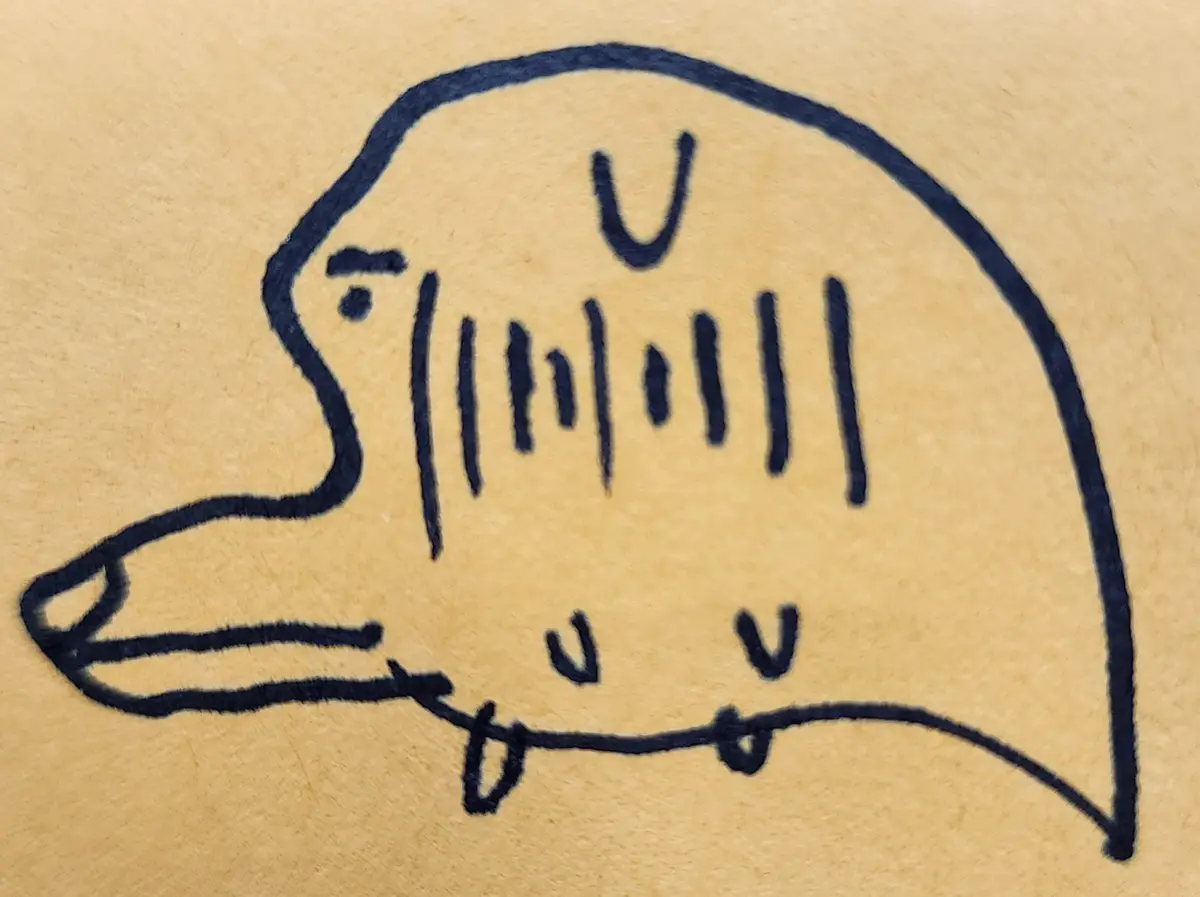 A simple, hand-drawn cartoon of a bald man with a mustache and a single eyebrow, drawn in dark blue ink on textured beige…