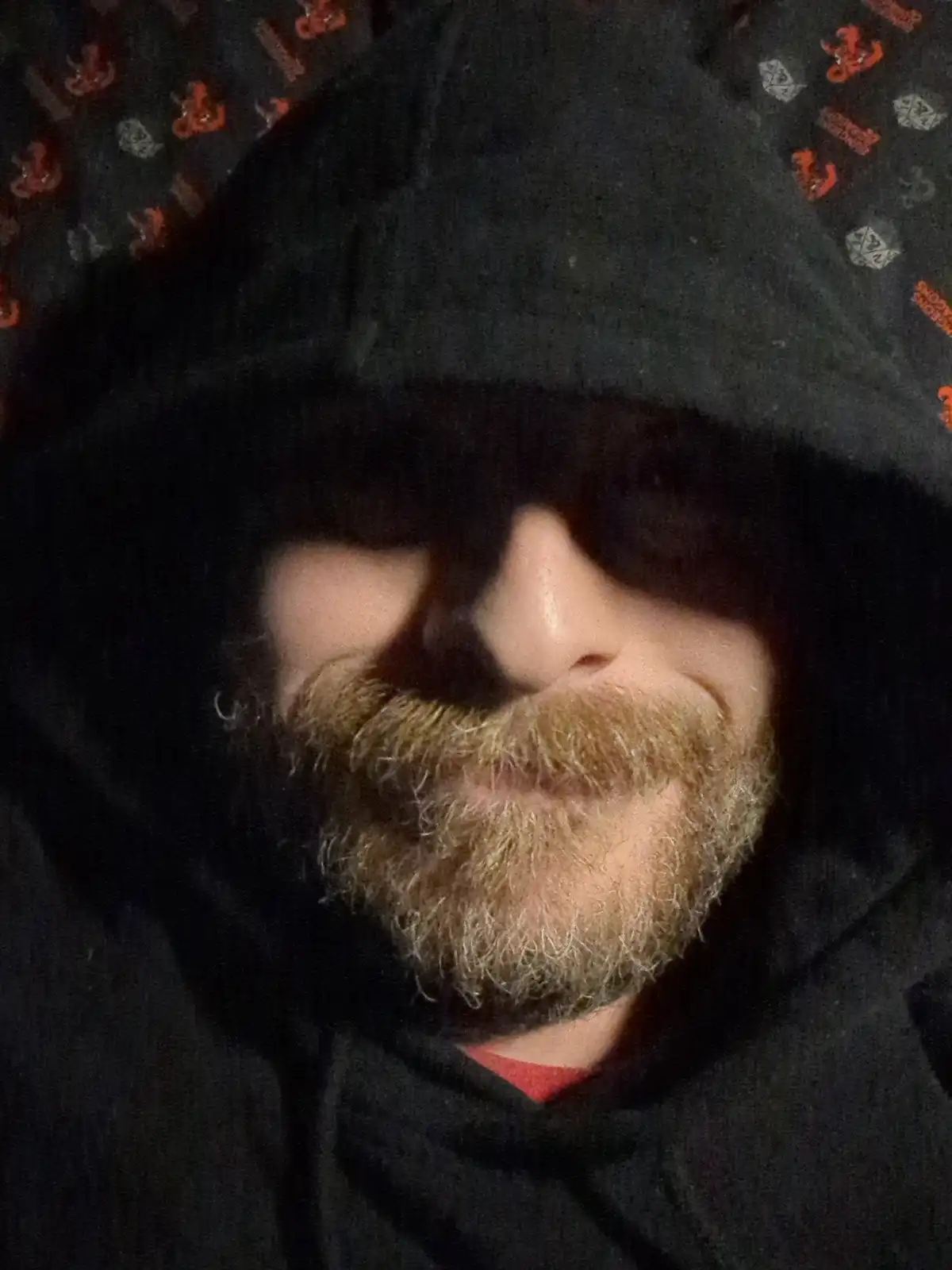 A close-up photo shows a man with a reddish-brown beard and mustache, wearing a black hoodie with the hood pulled up over…