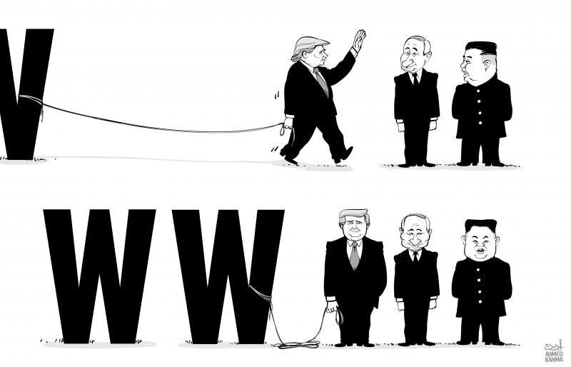 A black-and-white cartoon shows Donald Trump walking toward Vladimir Putin and Kim Jong-un, pulling a rope tied to a large…
