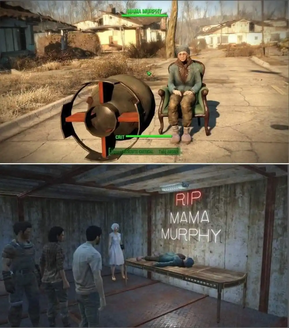 The top panel shows a character named 'MAMA MURPHY' sitting in a chair next to a large bomb with a 'CRIT' indicator…