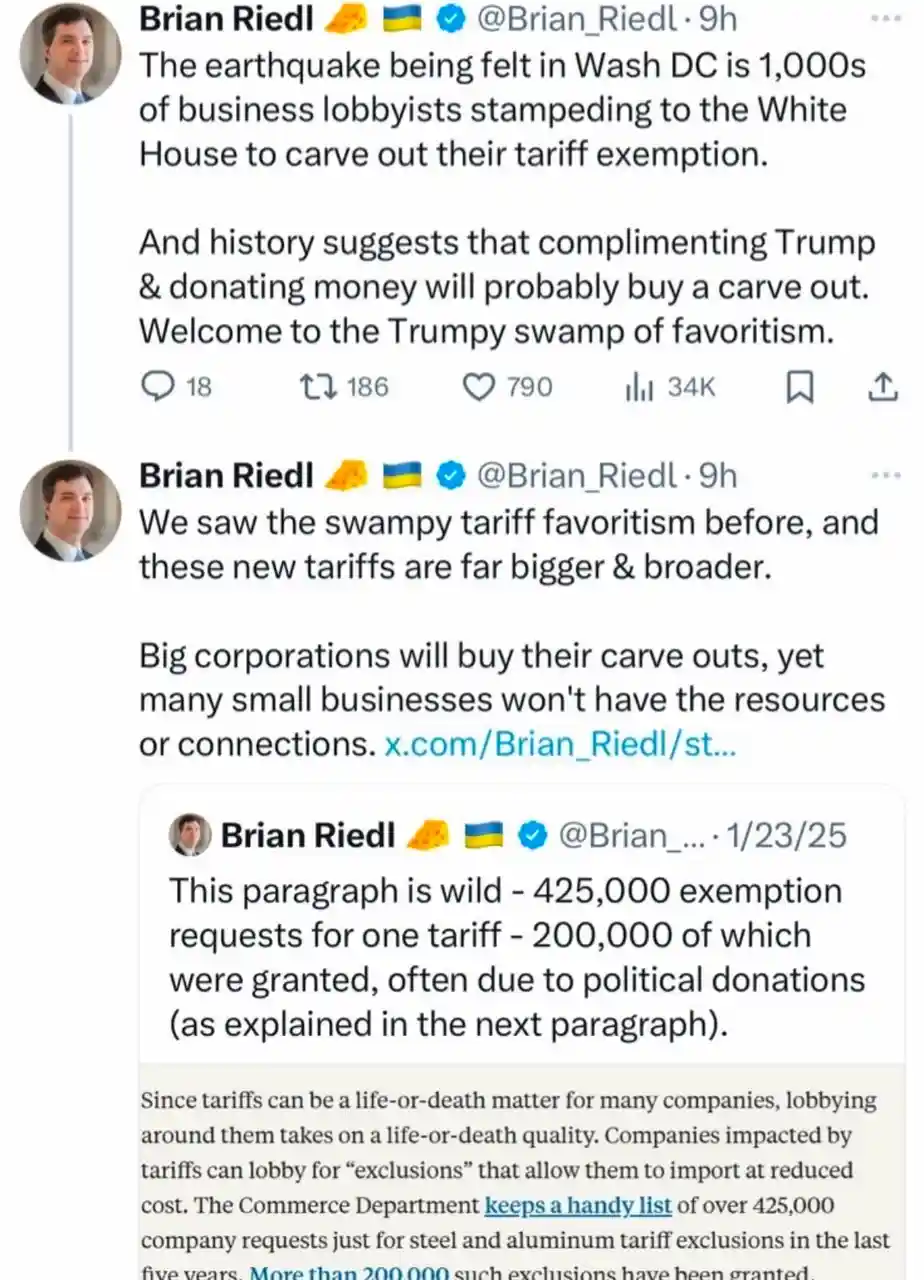 A screenshot of three tweets from Brian Riedl discussing how business lobbyists are lobbying for tariff exemptions…