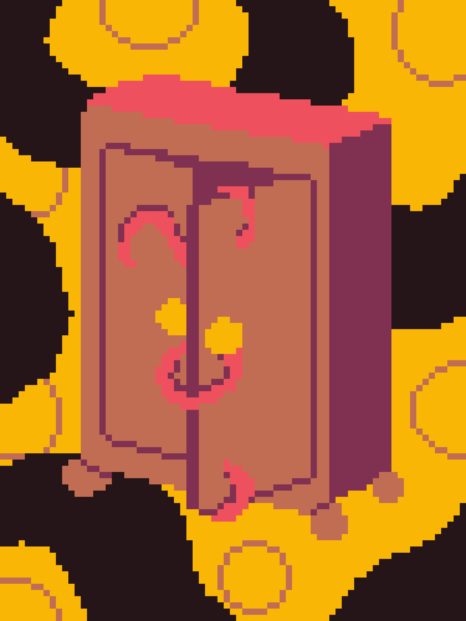A pixel-art image shows a brown, ornate, cylindrical object resembling a candlestick or torch holder with a pinkish-red top…