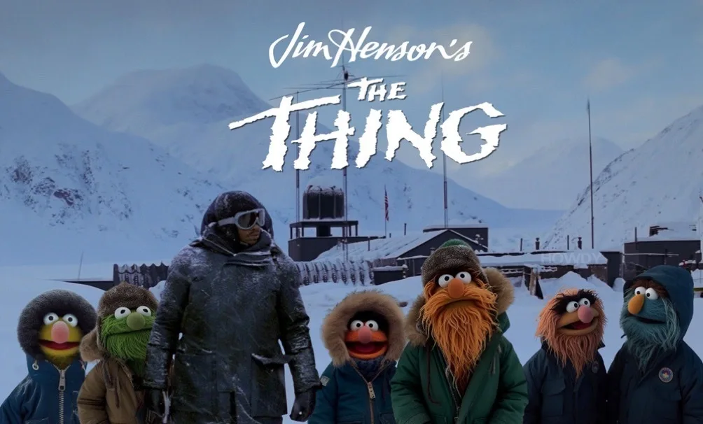 The image shows the snowy, mountainous setting of the movie 'The Thing,' with the title overlaid in large, distressed white…