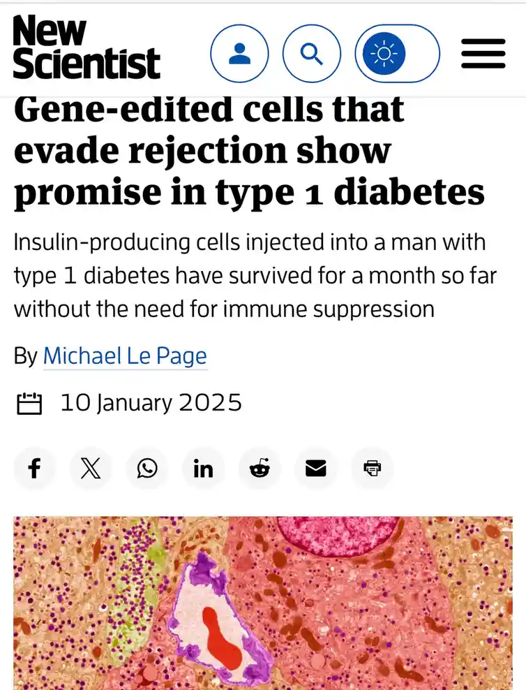 A screenshot of a New Scientist article from January 10, 2025, with the headline 'Gene-edited cells that evade rejection…