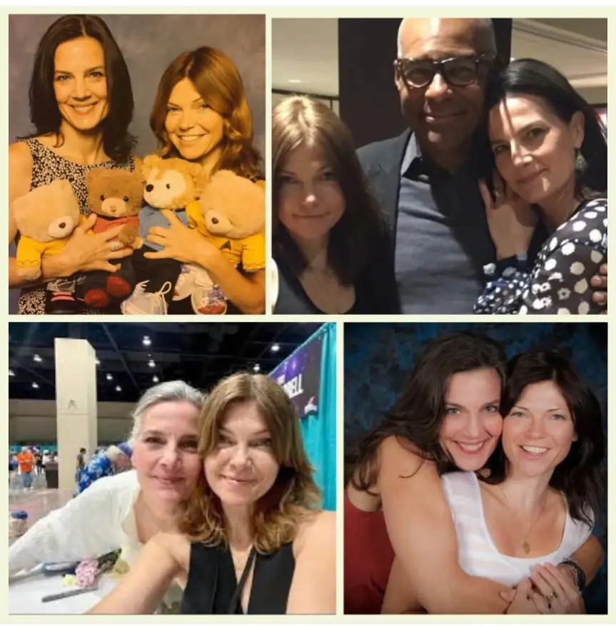 A four-panel collage shows actress Katie Holmes posing with different celebrities: in the top left, she holds teddy bears…