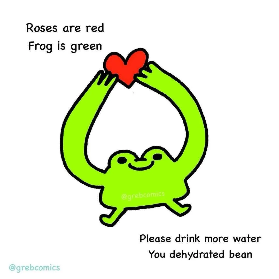 A cartoon green frog with a smiling face holds up a red heart with both arms. Above the frog, text reads 'Roses are red…
