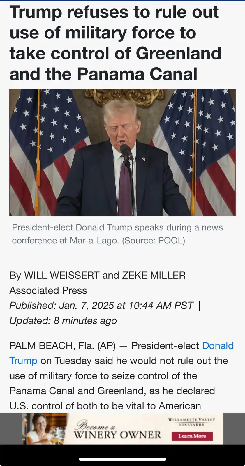 The image shows a news article screenshot with a photo of Donald Trump speaking at a podium flanked by two American flags…