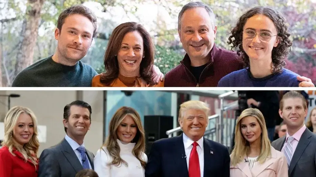 The image is split into two horizontal panels. The top panel shows Kamala Harris with her husband Doug Emhoff, her father…