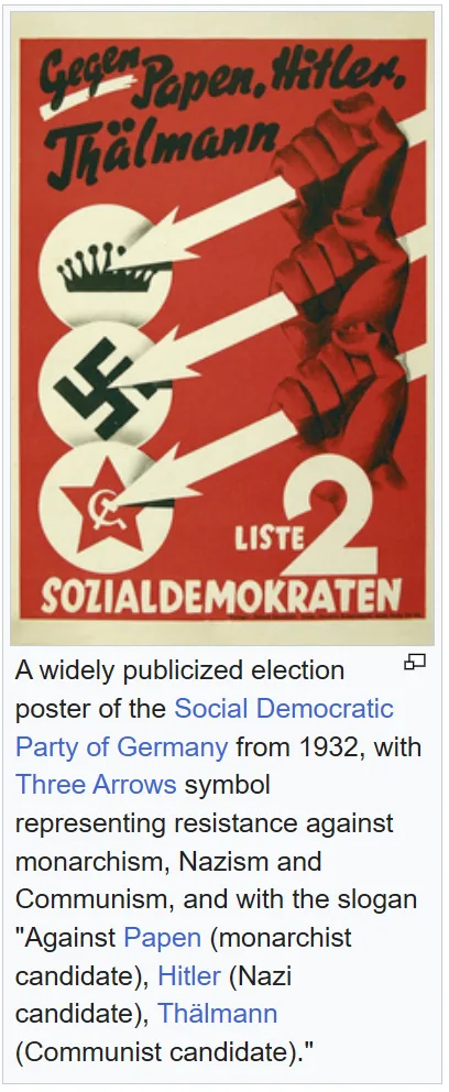 A 1932 German election poster from the Social Democratic Party, featuring a red background with a raised fist and three…