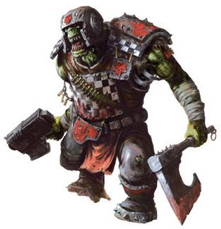 A green-skinned, heavily armored, muscular orc-like warrior with a helmet, wielding a shotgun in one hand and an axe in the…