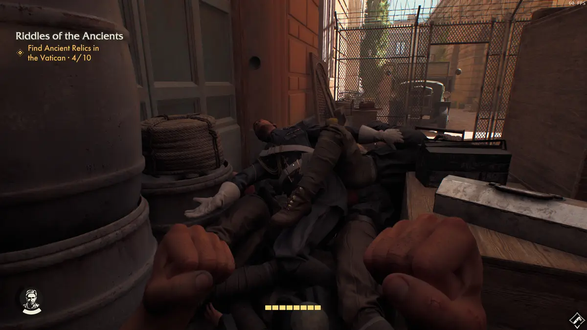 A first-person view from a video game shows the player's hands clenched in fists, surrounded by several dead soldiers in…
